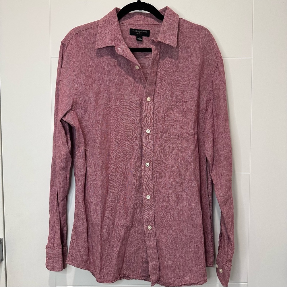 Men's Red/Dark Pink Linen Button-Up Shirt | Banana Republic size L